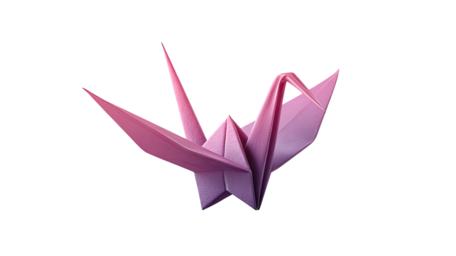 A pink origami paper crane bird flies as a decorative Japanese craft symbol and artistic vector icon on a white background, representing a love concept and elegant swan design - Powered by Adobe