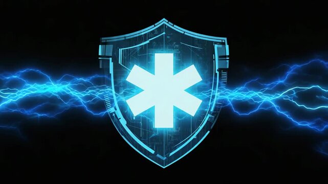 Digital medical shield with the Star of Life symbol and blue electrical lightning bolts representing emergency healthcare security, 4K video
