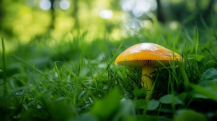 A mushroom is hiding in the long grass