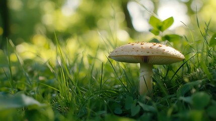 A mushroom is hiding in the long grass