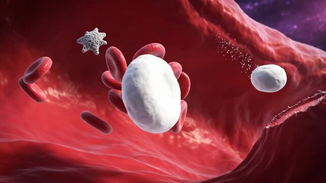 Close-up of red blood cells and white blood cells flowing through a blood vessel.