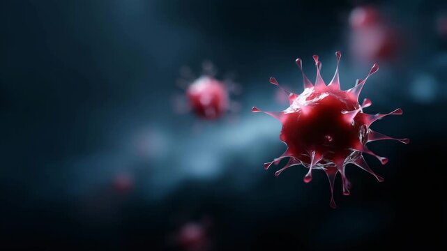 detail microscopic medical scene of red virus particles (coronavirus-like) floating in a cold blue environment, spherical pathogens with spike proteins, dynamic depth of field 4K