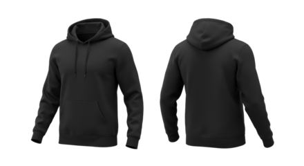 A deep matte black heavyweight cotton fleece hoodie in side-by-side front and back flat lay views, isolated on transparent studio background, ultra detailed texture mapping. Concept for e-commerce