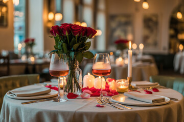 Valentine&rsquo;s Day romantic restaurant table with roses, wine, and candles