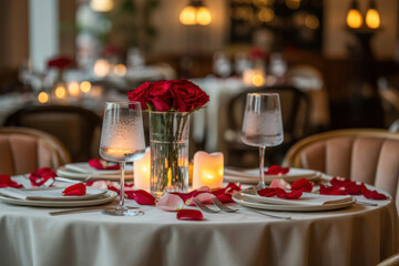 Valentine&rsquo;s Day candlelit dinner table with roses and wine