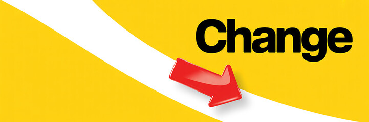 Red arrow pointing down towards the word Change on a yellow background Keywords: change, arrow