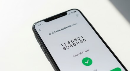 Minimalist concept of OTP verification on smartphone screen with confirmation icon. Suitable for fintech, e-commerce, and app security visuals showing safe login and user verification