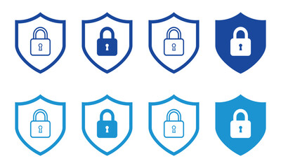 Eight blue shield lock icons in two rows isolated on transparent background