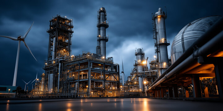 Energy transition investment trends in industrial facilities urban location nighttime environment futuristic viewpoint
