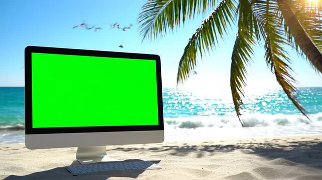 A video of a green screen computer monitor on a beautiful beach with palm trees on transparent background