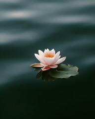 Pink water lily floating on dark water surface  