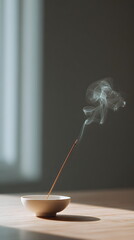 Incense stick emitting smoke in minimalist indoor setting  