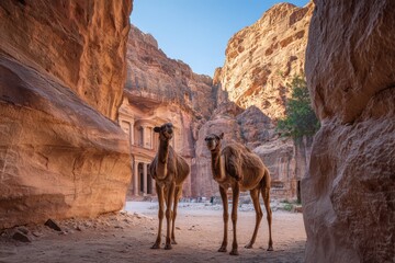 Desert silhouettes: camels and the Treasury facade in Petra, Jordan