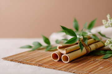 Decorative bamboo pieces with green leaves placed on mat  
