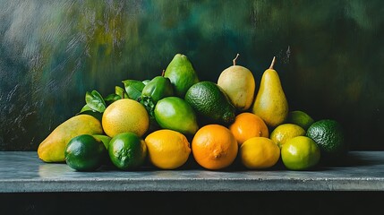 a pile of green and yellow fruits sitting on a table