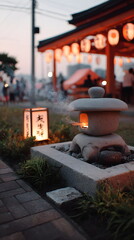 Traditional Japanese lantern and stone in garden during evening  
