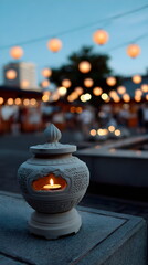 Decorative lantern with candle glowing in evening outdoor setting  