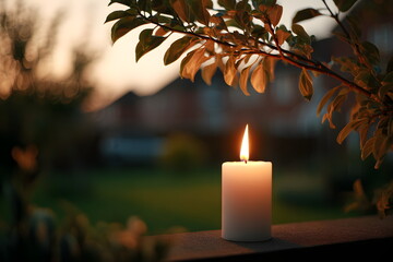 White Candle flame glowing softly on wooden table in evening garden, layout with copy space  