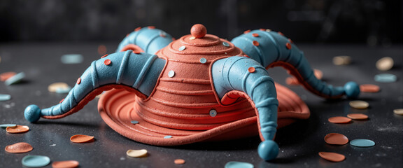 Jester hat with colorful confetti explosion on dark background  