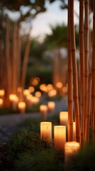 Ambient candles glowing along a path with bamboo and greenery  
