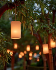 Hanging lanterns glowing softly among bamboo decoration trees at dusk