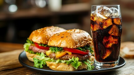 A plate with two meat sandwiches with vegetables and a tall glass of cola with ice on a wooden table