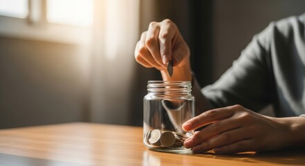 Close-up of a hand putting one coin into a glass jar on a wooden table in soft natural light. Concept of saving money, financial discipline, slow progress,  building future through small habits