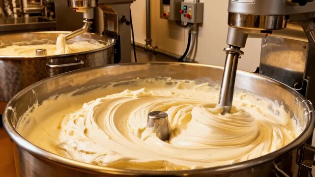 Medium shot of industrial tanks blending creamy ice cream mix with sugar and stabilizers showcasing the preparation of a rich premium mix before freezing.