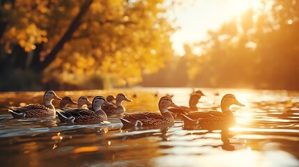 A raft of ducks swims on the river