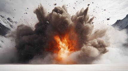 A powerful explosion with debris flying in all directions.