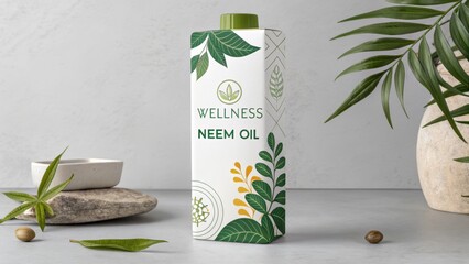 Benefits of  Neem Oil . Natural neem oil product packaging featuring wellness branding, high-resolution design for commercial use.