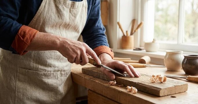 Artisan crafting wood with chisel workbench interior