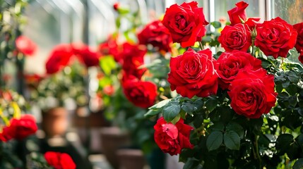 A rose greenhouse displays vibrant red roses with garden accessories highlighting the beauty of the flowers and the efforts of cultivation