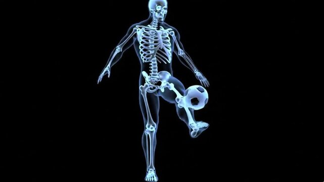 A video of a skeleton kicking a soccer ball in a dark background