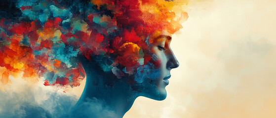 Bright colours of creative thought burst from the head, embodying inspiration and creativity, which will serve as an expressive backdrop for presentations on contemporary art or innovative ideas.