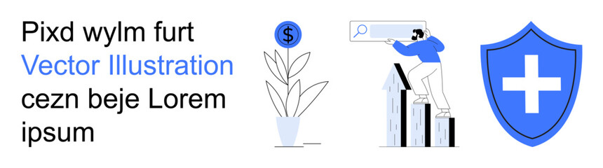 Obraz premium Business growth, online searches, financial planning, data security, digital analytics, investment strategy. Money plant with dollar symbol, man analyzing growth shield with cross icon. Financial