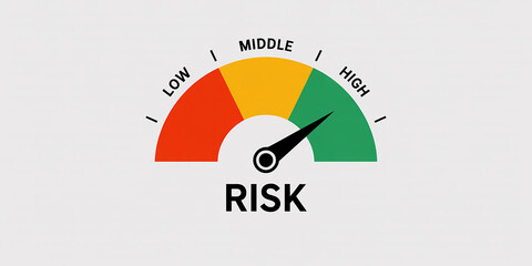 Risk meter gauge with low middle and high indicator on white background image photo