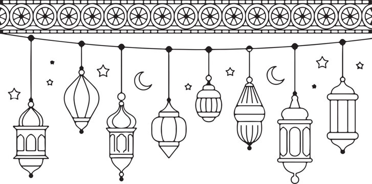 ramadan hanging lanterns and crescent moon seamless border