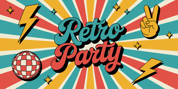 Retro party banner with disco ball, lightning bolts, and peace sign image photo - Powered by Adobe
