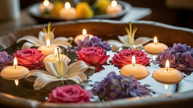 A beautiful, tranquil close-up shot of an elegant water basin filled with delicate floating flowers and flickering candles. Vibrant pink roses, graceful white lilies, and clusters of purple petals dri