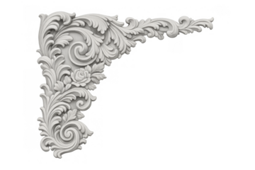 White ornate baroque corner molding with rococo style acanthus leaves and decorative roses, transparent background