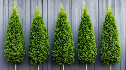 A row of newly planted thuja trees display vibrant green foliage against a gray fence