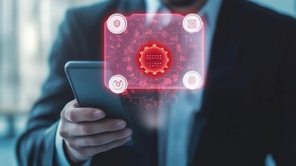 Businessman interacting with futuristic digital interface on smartphone technology concept - Powered by Adobe