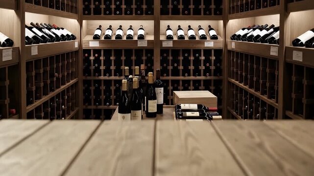 A beautifully organized and well-stocked wine cellar creates a sophisticated backdrop, filled with countless bottles nestled in traditional wooden racks. The warm, inviting lighting highlights the ric