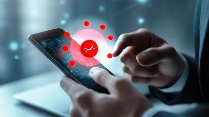Close-up of businessman interacting with smartphone displaying digital interface with red warning symbols and code on screen - Powered by Adobe