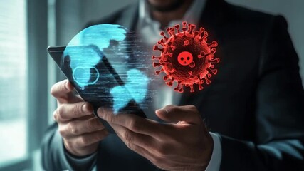Businessman holding smartphone with digital globe and C O V I D-19 virus overlay, representing global pandemic and technology - Powered by Adobe