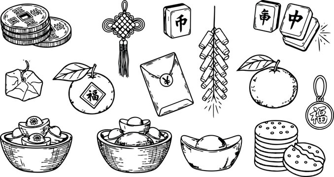 Line art vector close up of chinese new year symbols including red envelope gold ingots oranges firecrackers mahjong coins festive arrangement