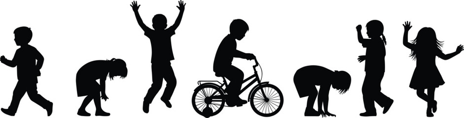 Fototapeta premium Children silhouettes showing playful activities including jumping, running, cycling, dancing, and bending, minimalist black vector illustration representing childhood movement, fun, and life