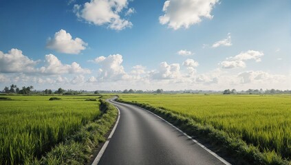 Fototapeta premium Winding road through verdant fields under a bright, cloudy sky