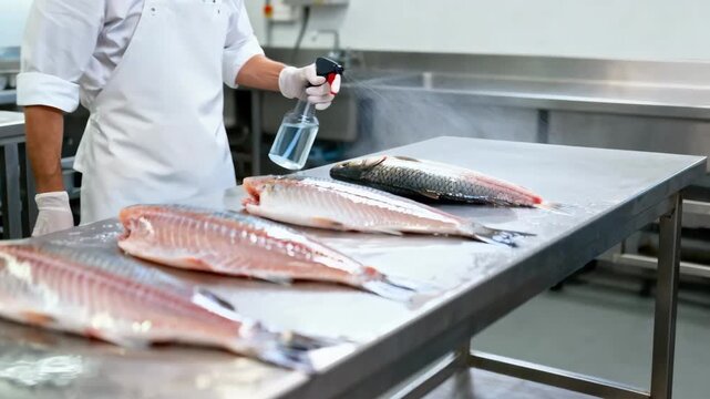 Medium shot of a worker evenly spraying a clear chitosanbased edible antimicrobial coating on fresh fish fillets enhancing shelf life with natural preservation before packaging.